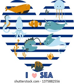 poster with sea animals love sea- vector illustration, eps