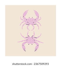 Poster with sea crabs in trendy flat style. Oceanic fauna. Vector illustration.