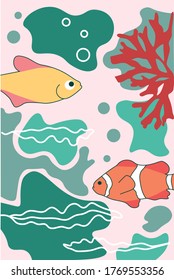 
Afiche con elementos marinos, algas marinas, peces y formas abstractas, diseño gráfico moderno. Perfecto para medios sociales, afiche, portada, invitación, folleto. Vector