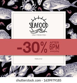 Poster with sea food in the graphic vintage style. Vector.