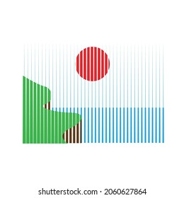 Poster with sea landscape  and sunset in boho art style  .Minimal design with line elements . Trendy brochure . Wall art .Vector illustration .