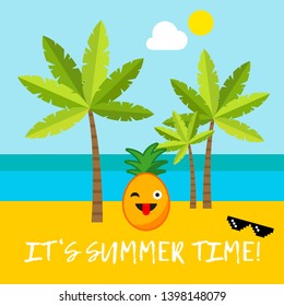 Poster with the sea, palm trees, clouds and cheerful pineapples in sunglasses. Typography. Hello Summer Vector illustration. Can be used for wallpaper, textile, invitation card, wrapping, web.