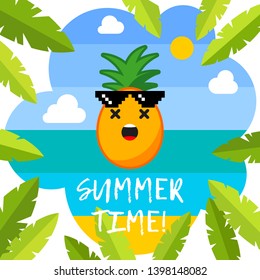 Poster with the sea, palm trees, clouds and cheerful pineapples in sunglasses. Typography. Hello Summer Vector illustration. Can be used for wallpaper, textile, invitation card, wrapping, web.