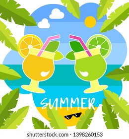 Poster with sea, palm trees, clouds and Mojito cocktail. Typography. Hello Summer! Vector illustration. Can be used for wallpaper, textile, invitation card, wrapping, web.