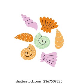 Poster with sea shell in trendy flat style. Vector illustration.