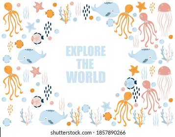 poster of the sea world, vector illustration of fish, whale, jellyfish, squid, stars, seashells, corals