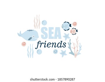 afiche del mundo marino, ilustración vectorial de peces, ballenas, medusas, calamares, estrellas, conchas, corales