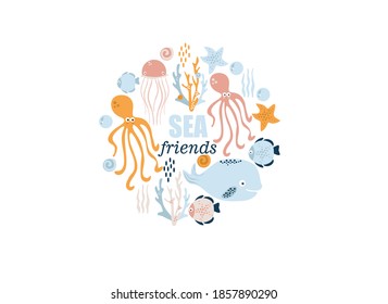 poster of the sea world, vector illustration of fish, whale, jellyfish, squid, stars, seashells, corals