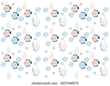 poster of the sea world, vector illustration of fish, whale, jellyfish, squid, stars, seashells, corals