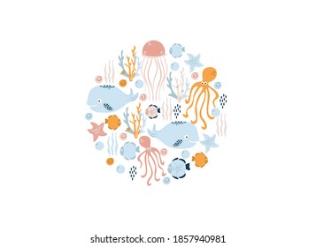 poster of the sea world, vector illustration of fish, whale, jellyfish, squid, stars, seashells, corals