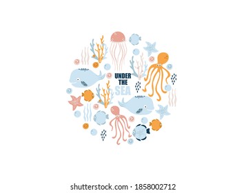 poster of the sea world, vector illustration of fish, whale, jellyfish, squid, stars, seashells, corals