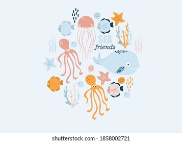 poster of the sea world, vector illustration of fish, whale, jellyfish, squid, stars, seashells, corals