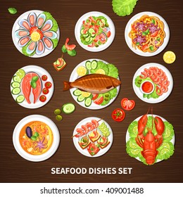 Poster with seafood dishes set of different fishes cancer lobster mussels and squid with vegetables vector illustration