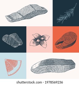 Poster with seafood and salmon fish illustration, realistic ink hand drawn art, modern print for seafood restaurant, cafe.