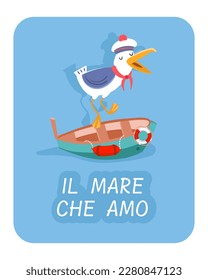 Poster with seagull and boat. Scene for design of T-shirts. Ready for printing in any size. Postcard template, Vector illustration.   