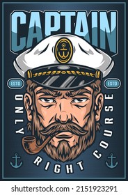 Poster with seaman in sailor captain hat smoking pipe vector illustration