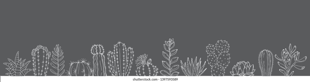 Poster with seamless ornament hand drawn cacti and succulents on a chalkboard background. Ornament in sketch style.