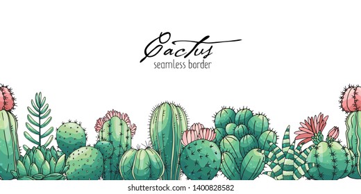 Poster with seamless ornament hand drawn colored lettering, cacti and succulents. Ornament in sketch style.