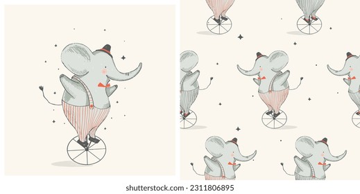 Afiche y patrón impecable con el juego de elefante cutáneo en bicicleta.  Ilustración vectorial dibujada a mano.