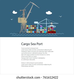 Poster with Seaport ,Cargo Crane and Container Ship , Unloading Containers from a Vessel and Text , International Freight Transportation and Shipping, Brochure Flyer Design, Vector Illustration