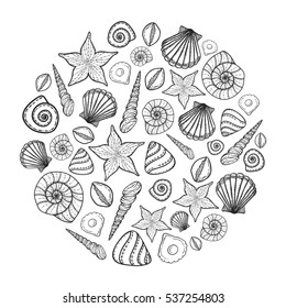 Poster with seashells and starfishes. Marine background. Hand drawn vector illustration in doodle style. Sketch