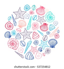 Poster with seashells and starfishes. Marine background. Hand drawn vector illustration in doodle style. Sketch