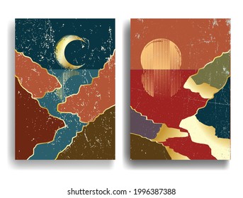 Poster with seaside landscape, ocean, moon, and sunset in boho style  .Minimal design with grunge elements . Trendy brochure . Vector illustration .