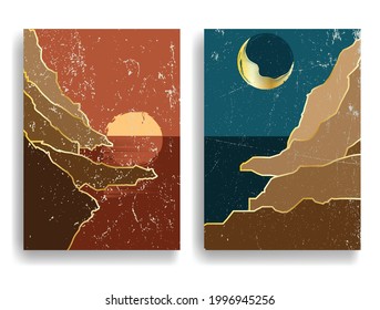 Poster with seaside landscape, ocean, moon, and sunset in boho style  .Minimal design with grunge elements . Trendy brochure . Vector illustration .