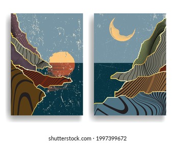 Afiche con paisaje costero, océano, luna y puesta de sol al estilo boho. Diseño minimalista con elementos ondulados. Folleto de moda. Ilustración del vector.