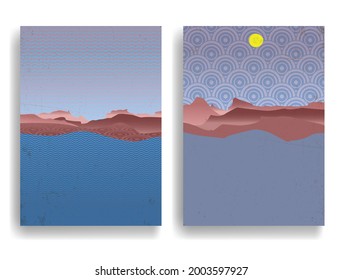 Poster with seaside landscape, ocean, moon, and sunset in Asian style  . Minimal design with Japanese wavy pattern . Trendy brochure . Vector illustration .