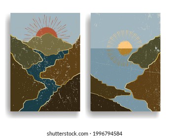 Poster mit Meereslandschaft, Ozean und Sonnenuntergang im Boho-Stil. Minimales Design mit Grunge Elementen . Trendy Broschüre . Vektorgrafik .