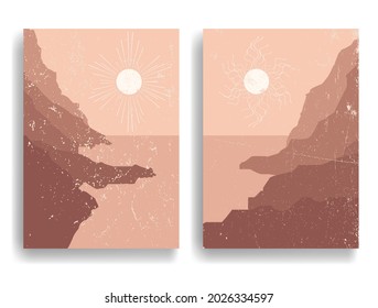 Poster with seaside landscape, ocean and sunset in boho style  .Minimal design with grunge elements . Trendy brochure . Terracotta colors .Vector illustration .