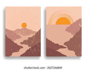Poster with seaside landscape, ocean and sunset in boho style  .Minimal design with grunge elements . Trendy brochure . Terracotta colors .Vector illustration 