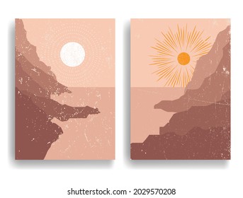 Poster with seaside landscape, ocean and sunset in boho style  .Minimal design with grunge elements . Trendy brochure . Terracotta colors .Vector illustration 