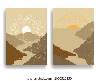Poster with seaside landscape, ocean and sunset in boho style  .Minimal design with grunge elements . Trendy brochure . Terracotta colors .Vector illustration 