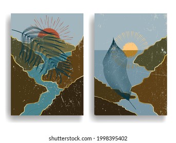 Poster with seaside landscape, ocean, tropical leaves and sunset in boho style  .Minimal design with grunge elements . Trendy brochure . Vector illustration .