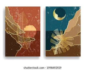 Poster with seaside landscape, ocean, tropical leaves and sunset in boho style  .Minimal design with grunge elements . Trendy brochure . Vector illustration .