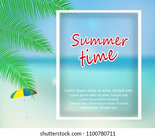 Poster seaside view with palm leaves and beach. Summer holidays. Vector illustration.