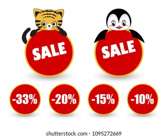 Poster seasonal sale. Cute baby tiger and baby 
penguin  on a white background. Banner for sale of products for children with funny baby tiger in cartoon style. Vector illustration.