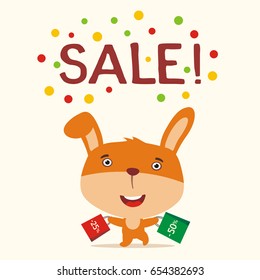 Poster seasonal sale. Funny bunny rabbit runs with packs in cartoon style.