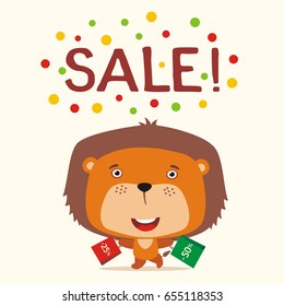 Poster seasonal sale. Funny lion runs with packs in cartoon style.