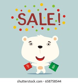 Poster seasonal sale. Funny polar bear runs with packs in cartoon style.