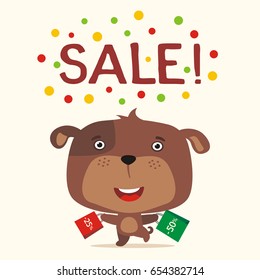 Poster seasonal sale. Funny puppy dog runs with packs in cartoon style.