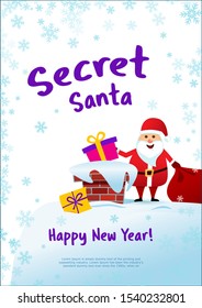 Poster Secret Santa and happy new year. Santa Claus on the roof with a bag of gifts, throws a gift in the chimney. Light background.