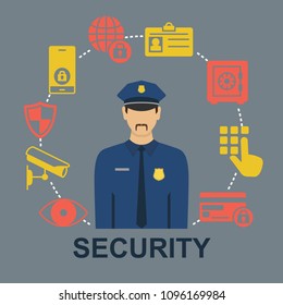 Poster with security icons. Circle of information security icons set of wireless data transfer protection with policeman in centre. Background of circular frame. Flat style vector illustration