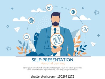 Poster Self-presentation Personal Training Flat. Сlose-up Man In Suit Holding Document Against Sky And Clouds. Guy For Training Recommends Using Brainstorm Cartoon. Vector Illustration.