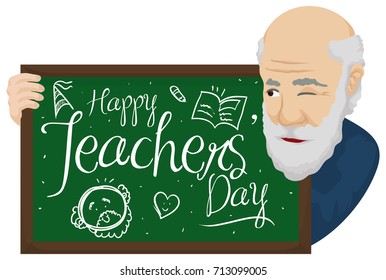 Poster with senior mentor receiving a greeting message in doodles from his students in a chalkboard, for Teachers' Day celebration.