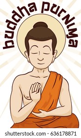 Poster with serene Buddha meditating and achieving the nirvana state for Vesak (also called Buddha Purnima).