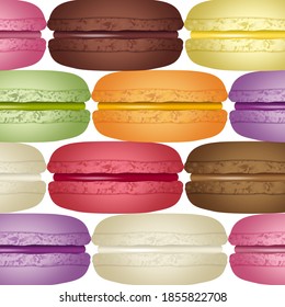 Poster of a series of macaroons with different flavors of strawberry, chocolate, lemon, pistachio, orange, vanilla, cherry, coffee stacked on top of each other.