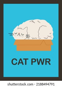 Poster with serious white cat sleeping in cardboard box flat style, vector illustration isolated on dark background. Fluffy pet, typical cat's behavior, comfortable place